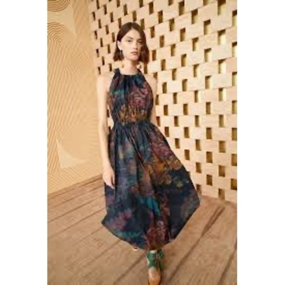 Ulla Johnson Leyna Gathered Printed Taffeta Midi Dress Floral Open Back Size 6